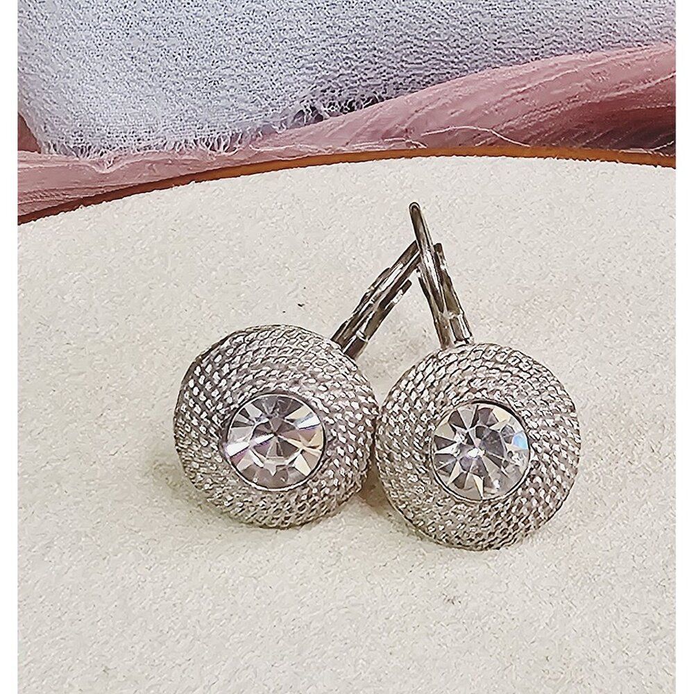 Vintage Silver-Tone Lever Back Rope  Earrings With Clear Crystal Center